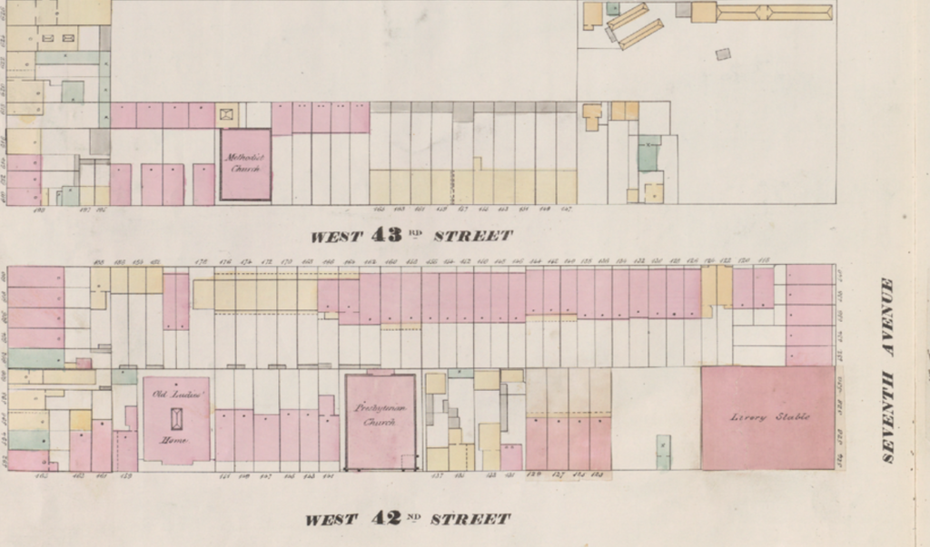 The site Oscar Hammerstein chose for his Victoria Theatre was occupied by Gilley Moore’s Market Stables, seen at bottom left in this 1857 map. To the left is McGory’s Dance Hall, which was replaced by the Theatre Republic. Most of the neighborhood is still undeveloped. New York Public Library