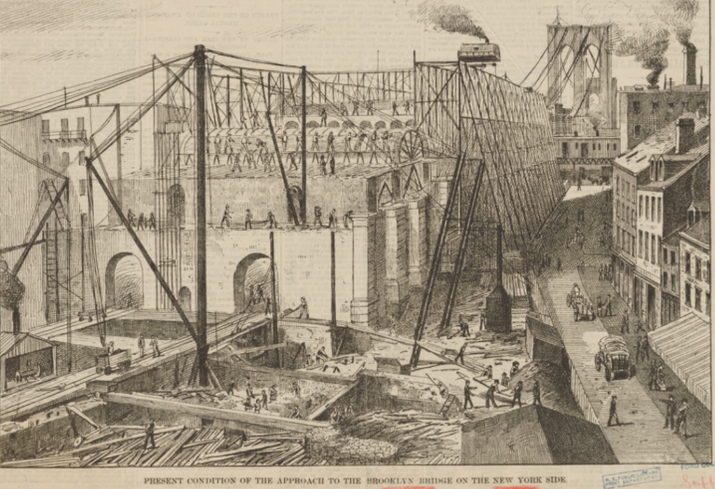 Numerous tenement buildings were demolished to make way for the approaches to the Brooklyn Bridge. New York Public Library digital collections. 