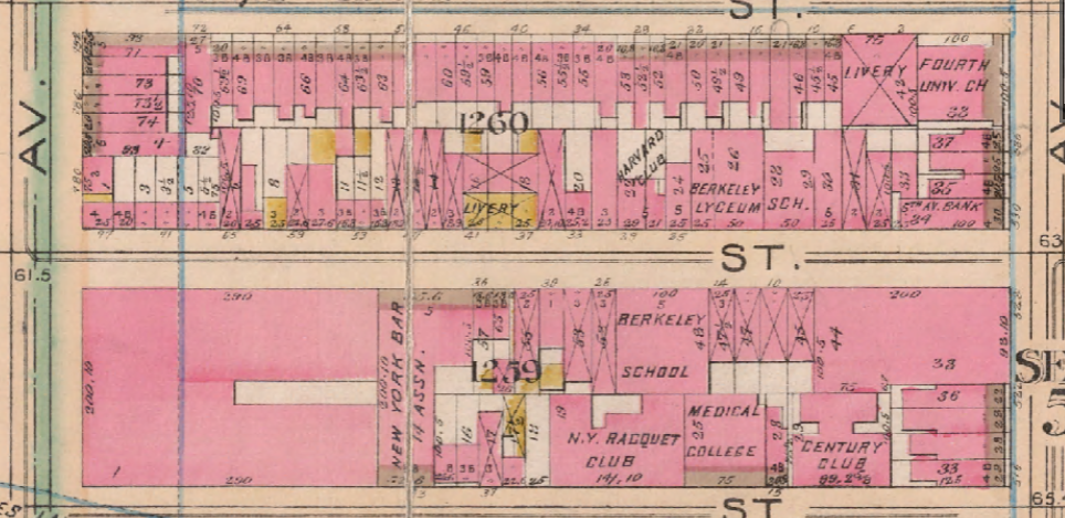 The New York Yacht Club was constructed on the site of a livery stable (yellow, center of this 1897 map). Although there were several other clubhouses in this neighborhood, the area was primarily occupied by stables in the late 1800s. 