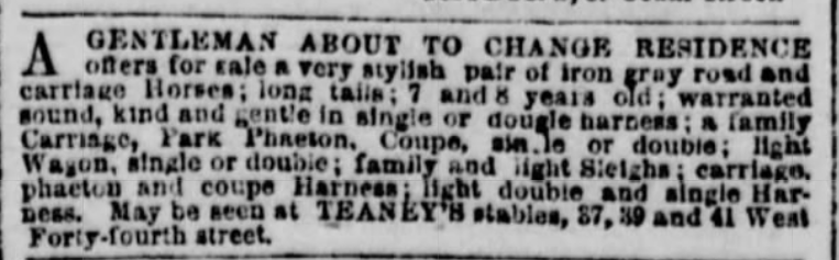 An ad for Teaney's livery stables in 1872. 