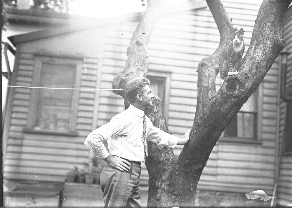 Unidentified man and Reddy in a tree, possibly taken in Pennsylvania. 
