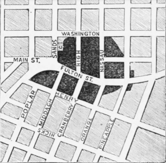 Almost 250 buildings were destroyed during the Great Brooklyn Fire of 1848. This map shows what was called the "Burnt District," which was about a dozen acres. 