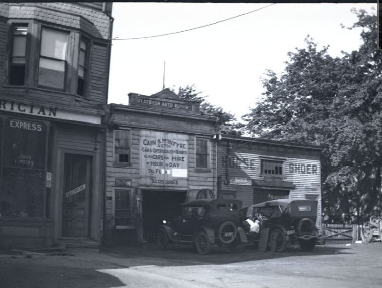 2271-2287 Church Avenue, showing Cain & McIntyre Auto Repair and Halliday's Blacksmith shop, about 1922. New-York Historical Society