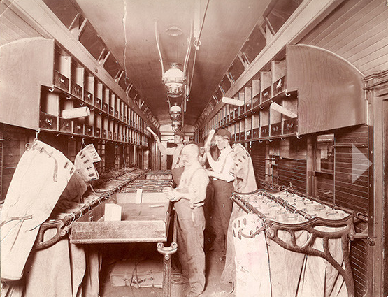 Sorters on a Railway Mail Service train. 