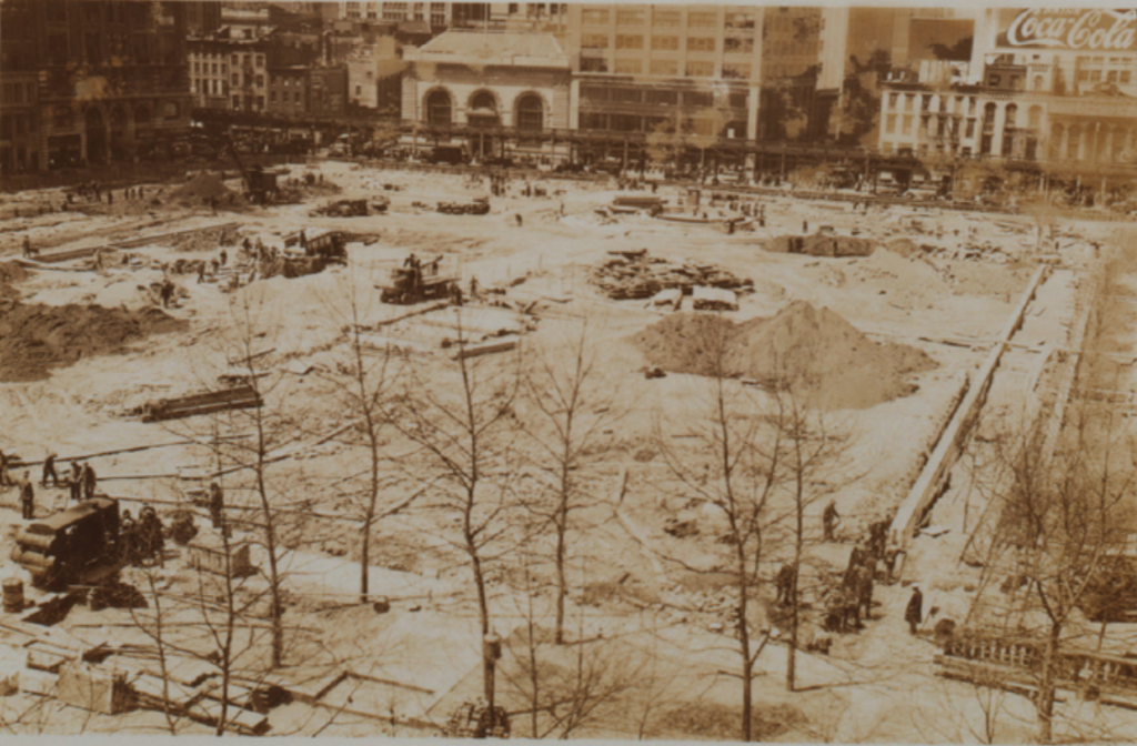 Bryant Park undergoing reconstruction following the removal of Federal Hall.