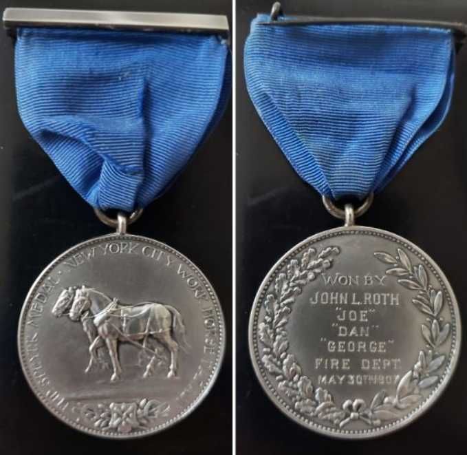 In 1907, second prize went to a three-horse team driven by fireman John L. Roth of Engine Company No. 33 from Great Jones Street. The medal was presented by Mrs. Speyer. Courtesy: Ed Sere (ret. Lt. FDNY)