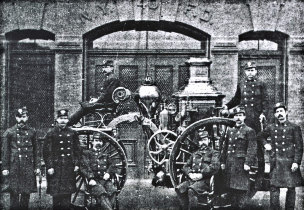 Engine Company 40 in front of their original firehouse at 153 West 68th Street. Date unknown. 