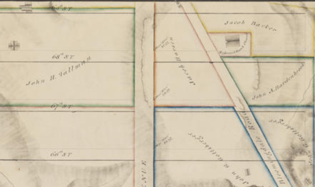 The new firehouse for Engine Company No. 40 was constructed on the former lands of Jacob Harsen. One block away was the old Dutch Reformed Church, shown on this Randel Farm Map of 1820. 