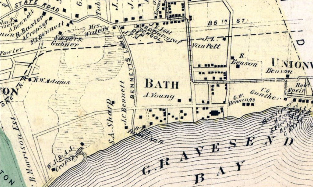 This 1873-74 map of New Utrecht shows Archibald Young's large tract of land in Bath. 