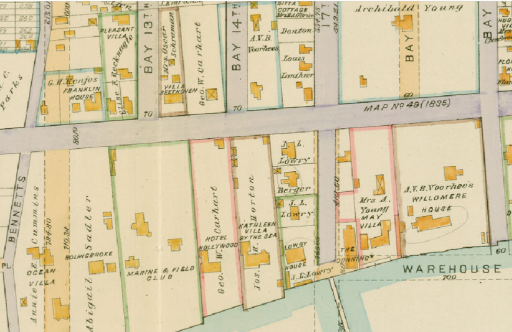 The Marine and Field Club was located on the Gravesend Bay at Cropsey Avenue and Bay 13th Street, as shown on this 1890 E. Robinson map. 