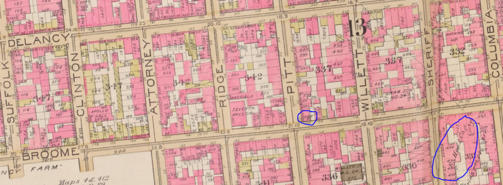 No. 128 Broome Street and R. Hoe's Foundry are circled on this 1891 George Bromley map. 