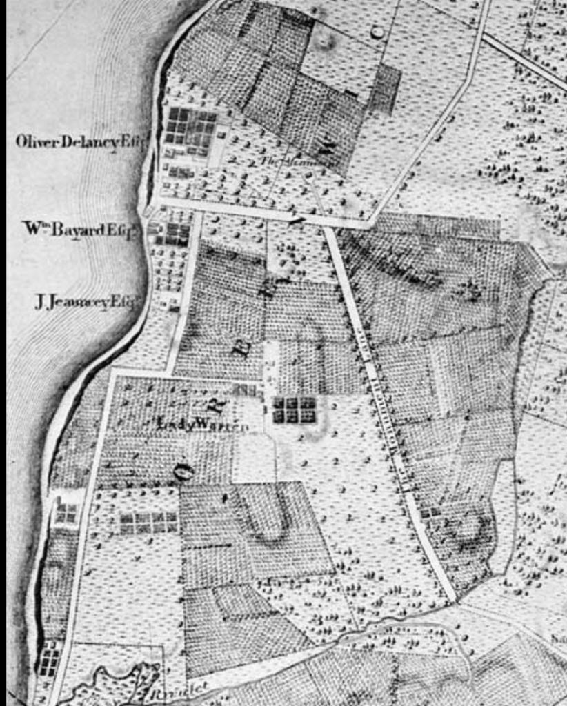 The Monument Lane ran past Lady Warren's farm to her brother's farm just north of present-day Gansevoort Street. The Ratzer Plan, 1766.