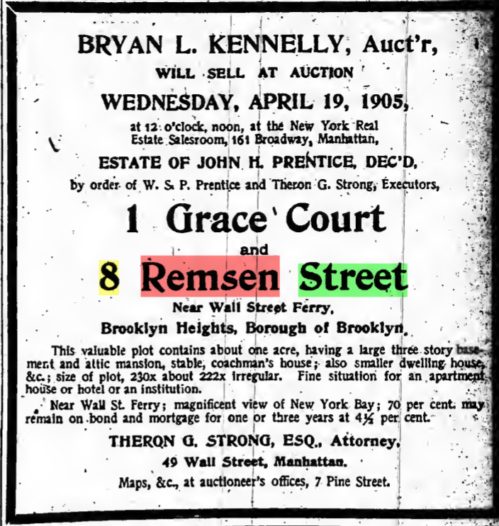 New York Times, April 13, 1906
1 Grace Court and 8 Remsen Street
