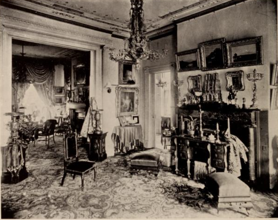 The front and back parlors and music room of the Prentice mansion. 