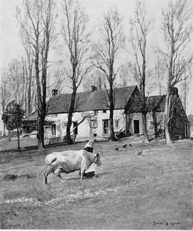 An immigrant worker tends to her cow at the Johannes Sprong-Whitehead Duryea homestead on Fresh Meadow Road, Flushing, Queens. From New York Sketches, Jesse Lynch Williams, 1902.