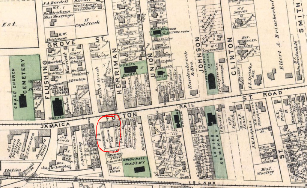 Herriman Avenue (now 161st Street) is in the center of this 1873 Beers map of Jamaica Village, Queens. 