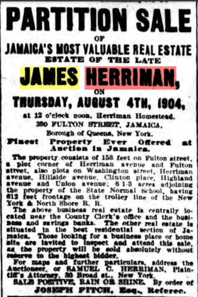 Jamaica lots for sale, Herriman estate, 1904