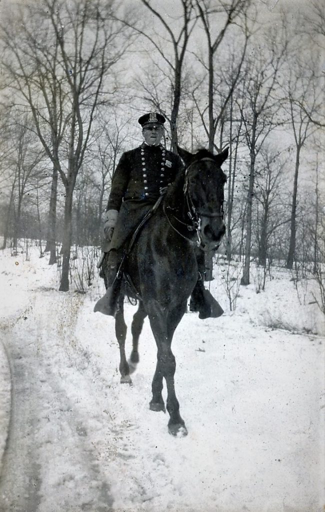 Mounted Patrolman Joseph Probst Jr. on his horse in Forest Park, Queens.