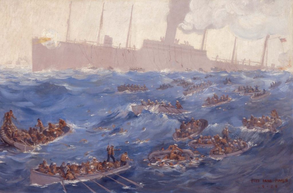 The sinking of the USS President Lincoln. Painting, Oil on Canvas; By Fred Dana Marsh; 1920.