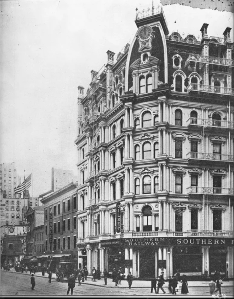 The Gilsey House at 1200 Broadway (extant), on the northeast corner of East 29th Street, celebrated its grand opening on April 15, 1871. The Southern Railway opened its midtown office here in 1906.