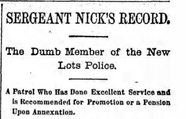 Sergeant Nick, New Lots/East New York Police, July 1866
