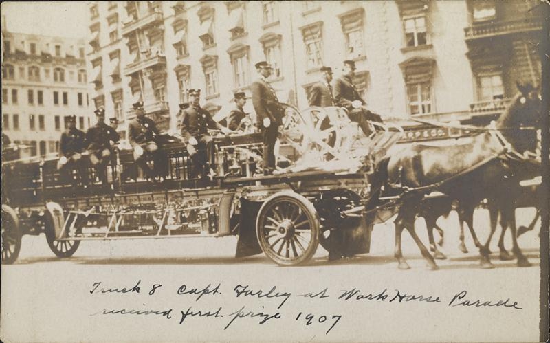 Truck 8 Captain James J. Caberly (not Farley) took third prize (not first) at the Workhorse Parade in 1907.