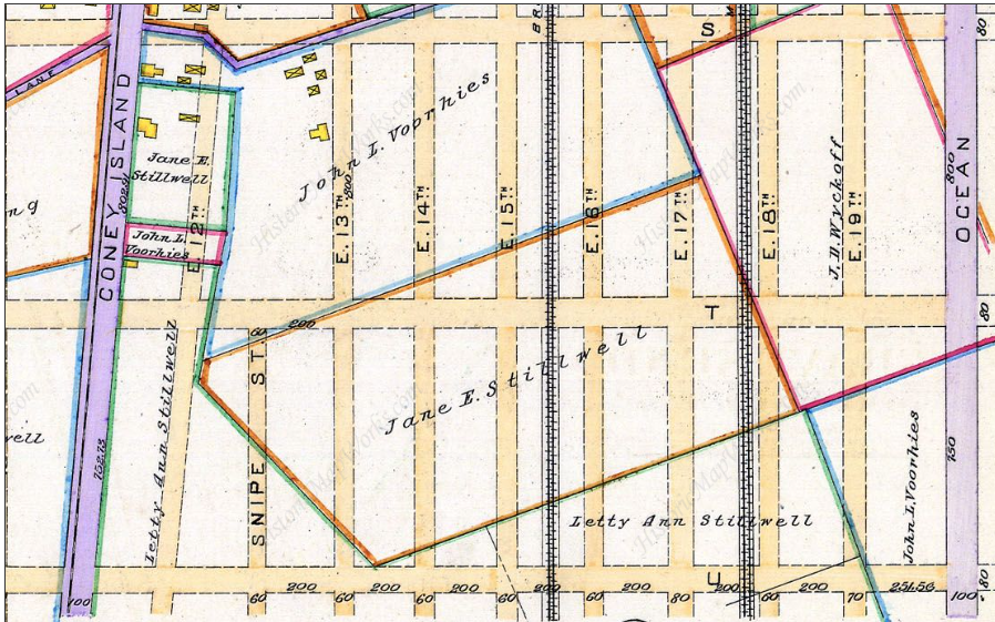 The Homecrest community was built atop the old farms of John Voorhies, Jane Stillwell, and Letty Ann Stillwell, all noted on this 1890 map.