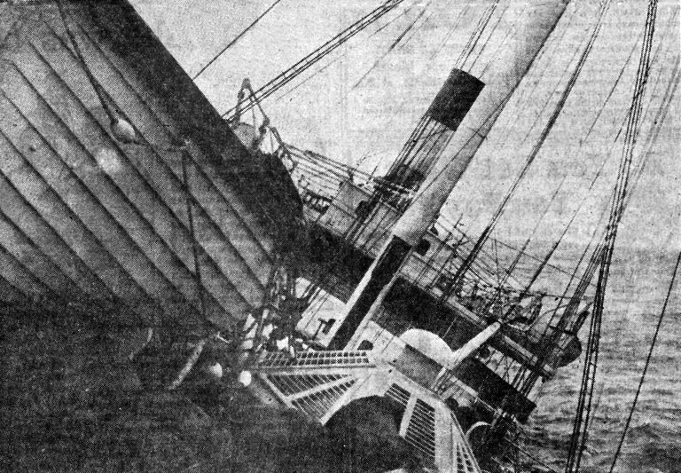 Photograph of the S.S. Vestris as it was listing starboard and about to sink.