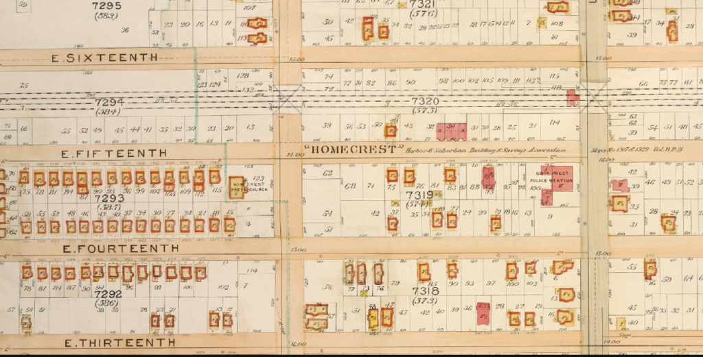 The Sheepshead Bay police station in the Homecrest community is noted at the right center of this 1907 map. New York Public Library Digital Collections.