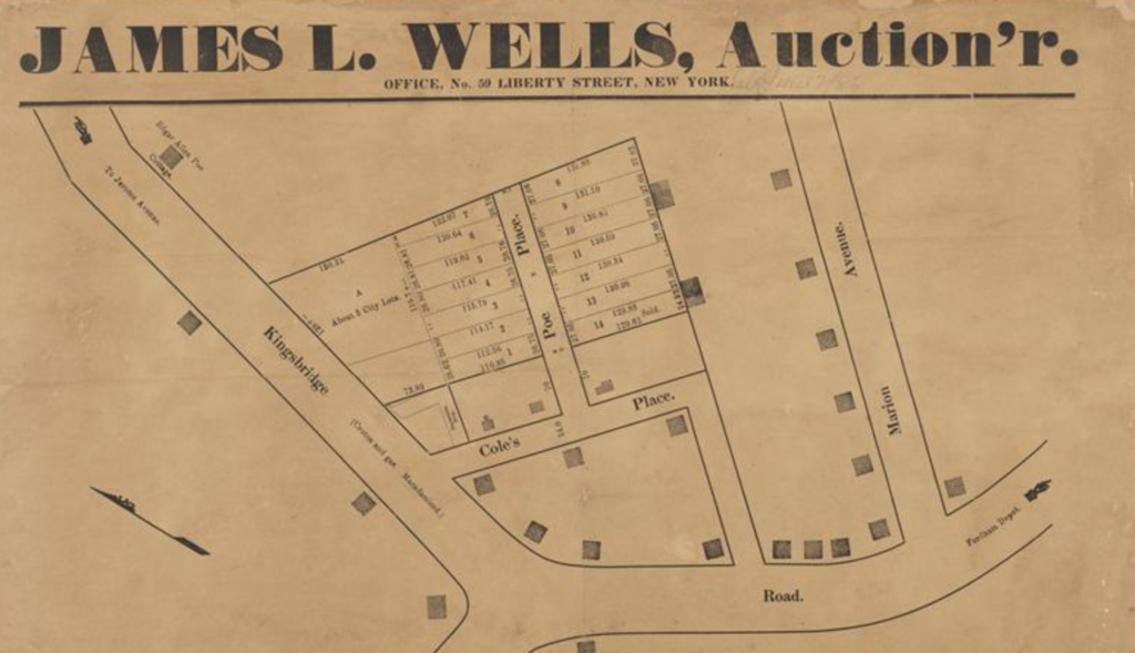 The land around and including Poe Cottage was auctioned in 1886. NYPL digital collections. 