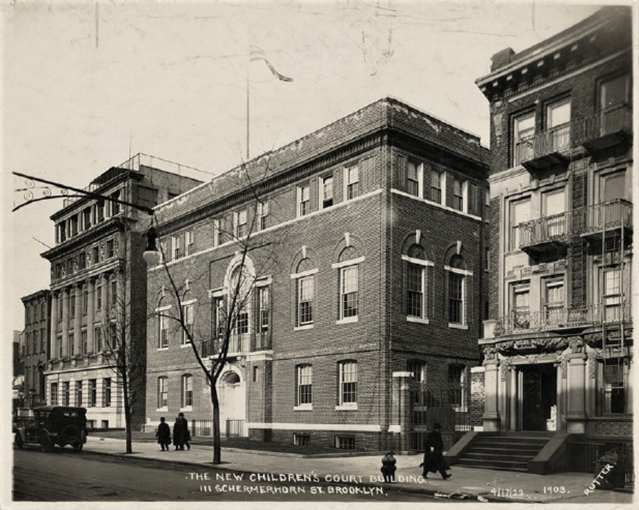 The Brooklyn Children's Court at 111 Schermerhorn Street, between Boerum Place and Smith Street. Brooklyn Public Library.