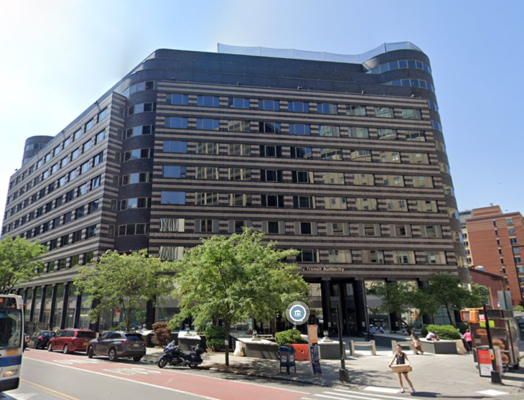 The New York City Transit Authority headquarters occupies the entire block bounded by Schermerhorn, Smith, Livingston, and Boerum Place.