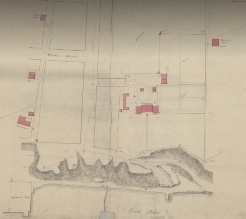 The Four Chimneys mansion, orchards, gardens, ditch, and outbuildings are noted on this 1820 map of the Pierrepont Farm. Brooklyn Heights