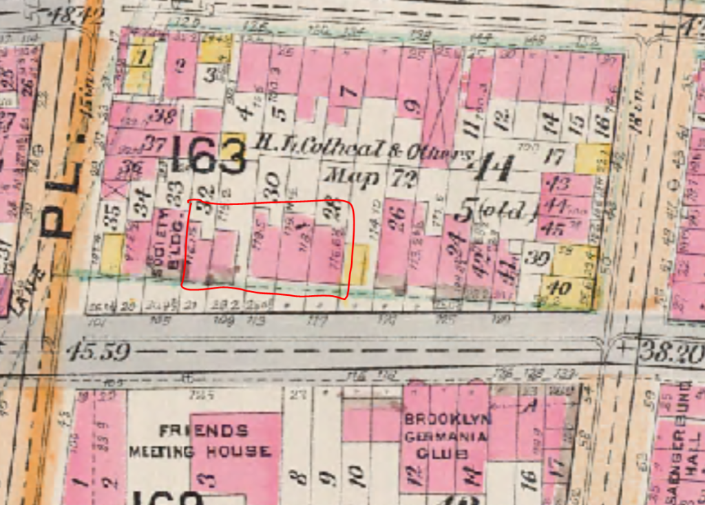 The site selected for the new Children's Court was occupied by 5 houses at 107-117 Schermerhorn Street, between Boerum Place and Smith Street. 1898 E.B. Hyde map, New York Public Library 