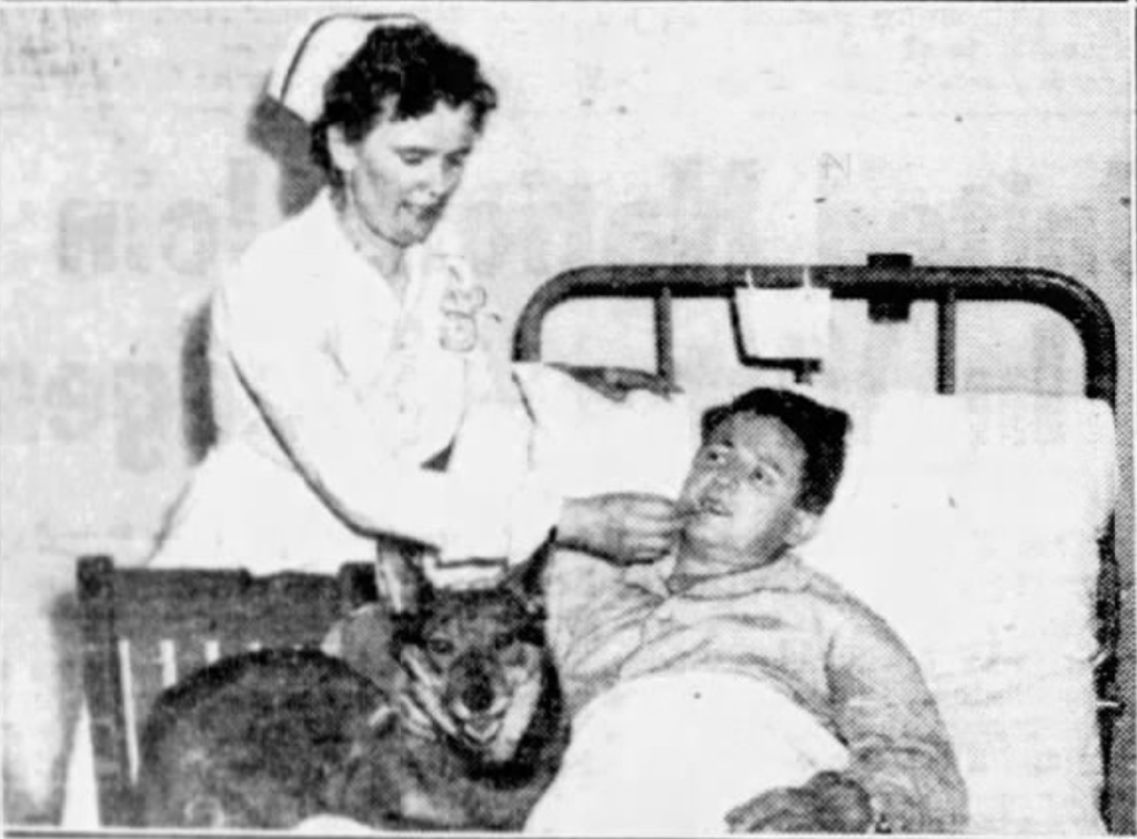 Robert Losch with Seeing-Eye dog Sally at Bellevue Hospital in June 1942. 