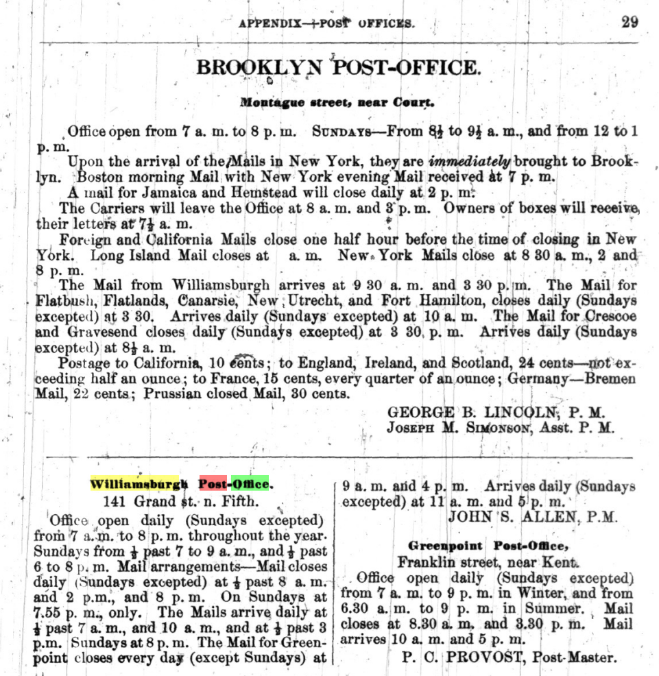 Post Office hours from Brooklyn City Directory, 1857-62.
