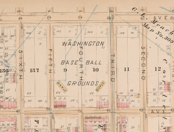 The Washington Base Ball Grounds on Fifth Avenue between Third and Fifth Streets are noted on this 1886 Robinson map. The original Brooklyn Dodgers played here. 