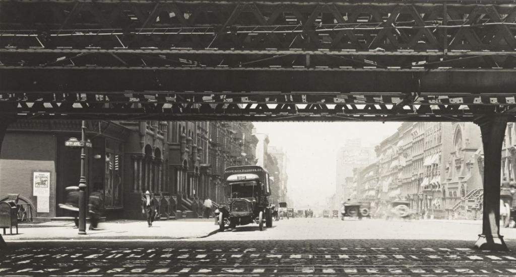The Ninth Avenue elevated train tracks, Ninth Avenue and West 57th Street. New York Historical Society. 