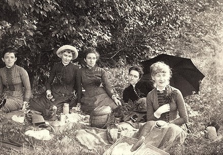 Elaine Goodale (later, Elaine Goodale Eastman), third from left, with some lady friends on a picnic in 1887.