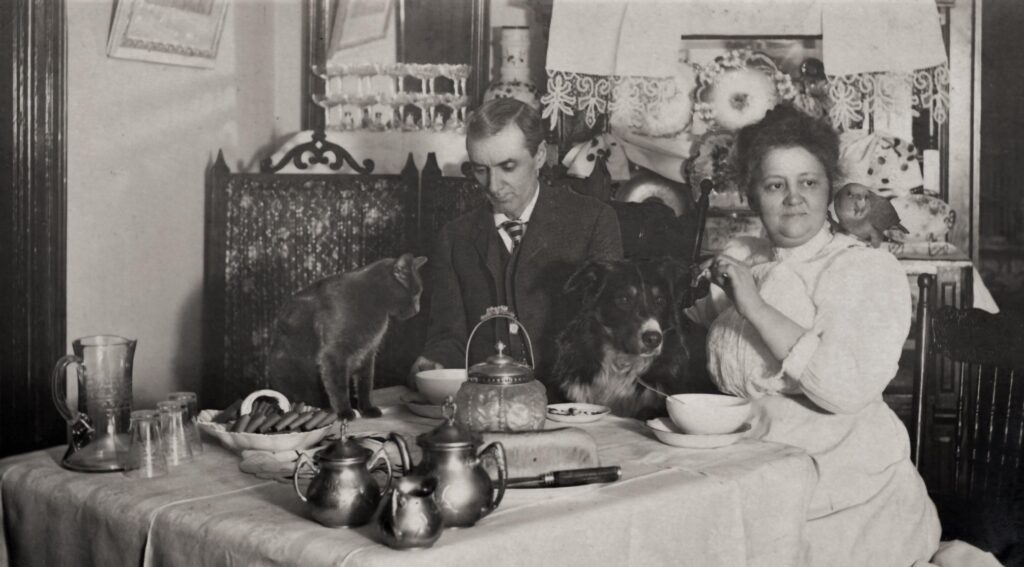 Vintage photo of man, woman, cat, dog, parrot