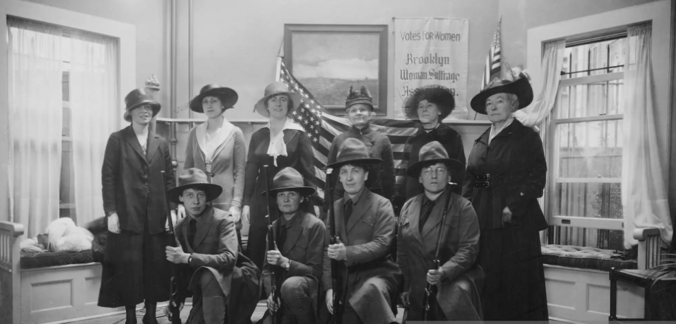 In 1915, members of the Brooklyn Woman Suffrage Association took a rifle class.