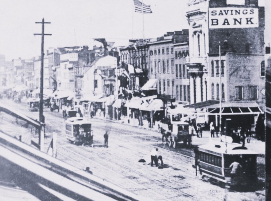 Horse-drawn street cars on the Bowery around 1870, prior to construction of the Third Avenue elevated line. 