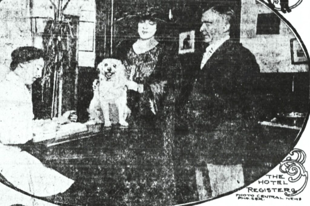 A canine customer checks in the the Grisdale Hotel in 1920. New York Evening World