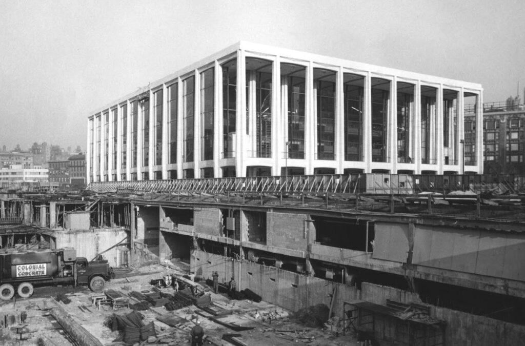 The construction of Philharmonic Hall at Lincoln Center. 