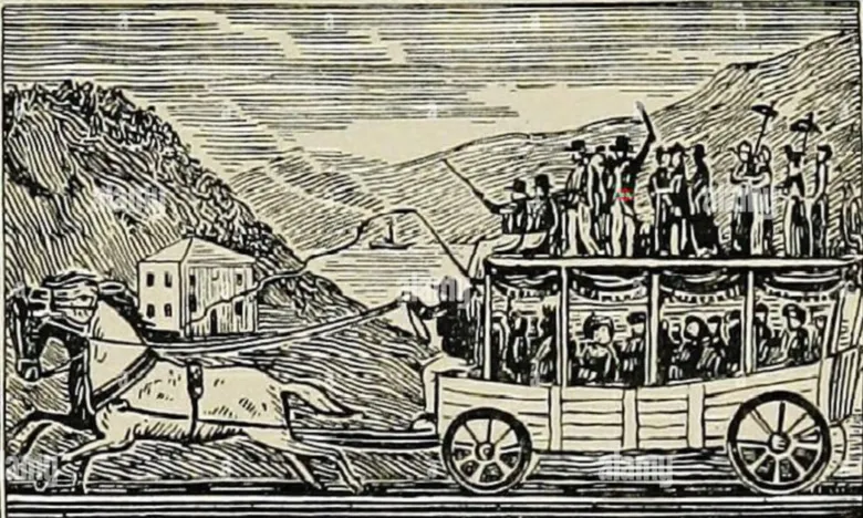 The earliest horse-drawn street cars of the New York & Harlem Rail Road had room for 40 passengers; 20 below and 20 on the roof. 