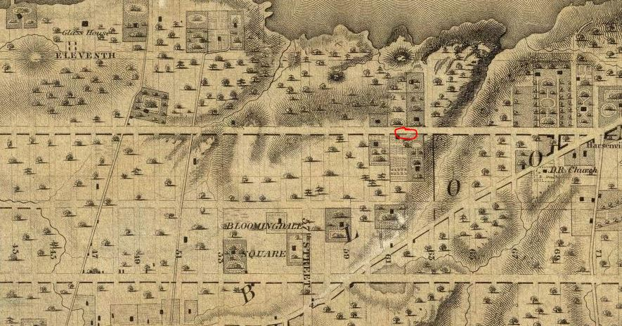 John Somarindyck’s house was located on Tenth Avenue between present-day 61st and 62nd Streets (near red circle)