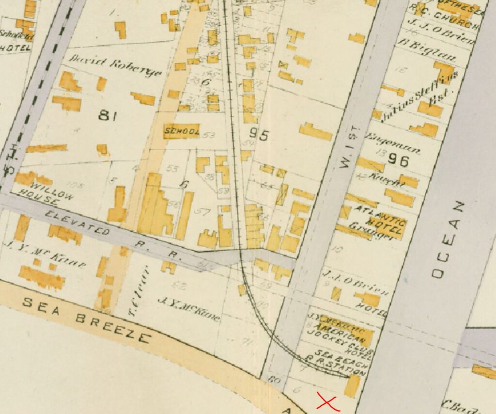 The property of John Y. McCane, including the land where the Hotel Shelburne would be constructed (red X), is shown on this 1890 map. NYPL Digital Collections