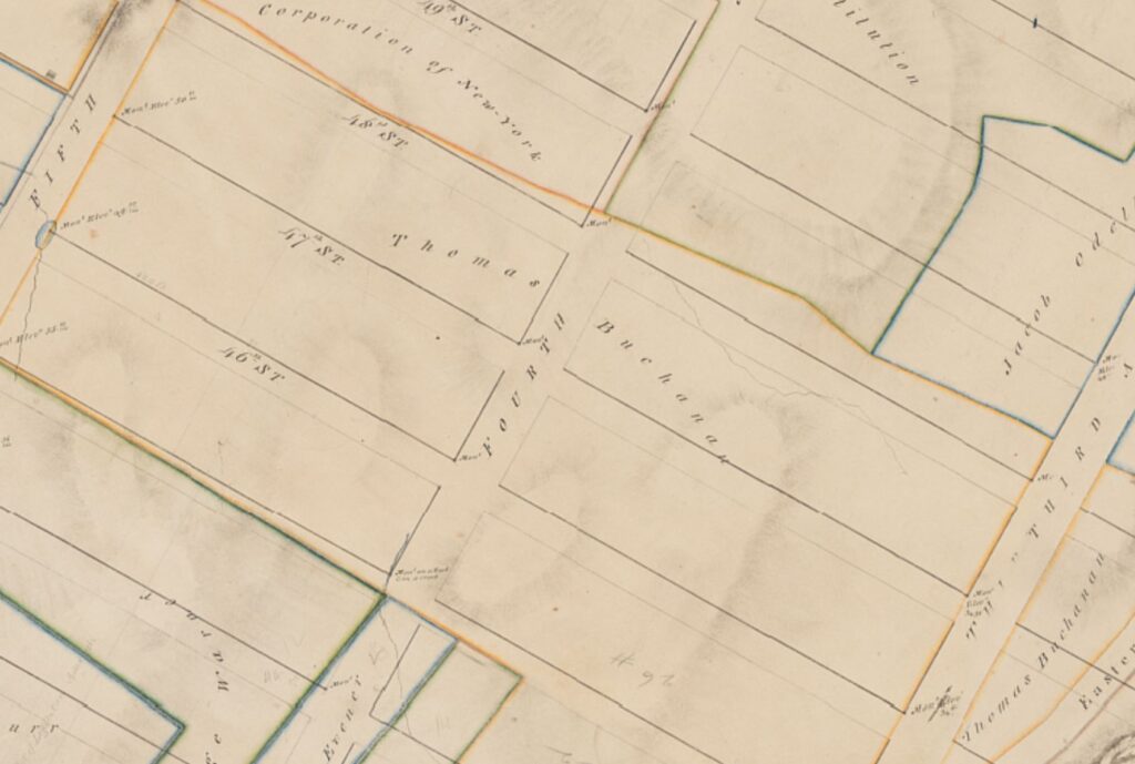 Thomas Buchanan's midtown property between Fifth and Third Avenues is shown on the John Randel farm map, 1818-1820. 