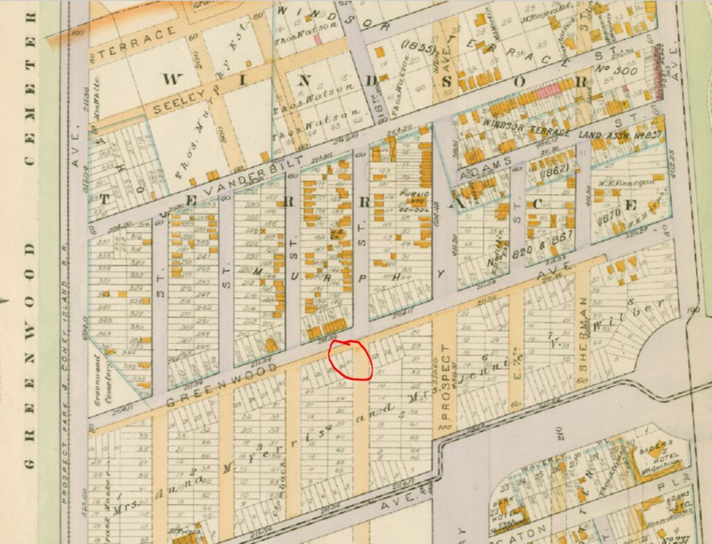 Much of Greenwood Avenue, including the land where Lewie Burgmeier owned his butcher shop, was not yet developed yet in 1890; only the northern section of Windsor Terrace had been developed at this time.