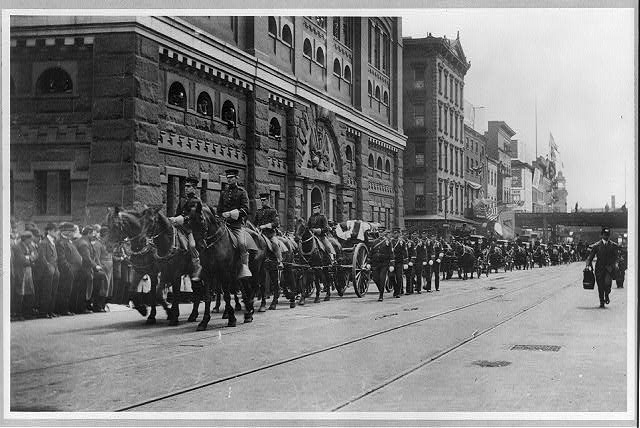 On April 26 ,1912, a funeral cortege for General Frederick Dent Grant passed by the Army Building. Library of Congress